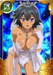 Rule 34 | 00s, 1girl, black hair, blue eyes, bow (weapon), breasts, card (medium), cleavage, collarbone, dark skin, dark-skinned female, dress, elbow gloves, female focus, gloves, ikkitousen, jewelry, large breasts, looking at viewer, necklace, official art, open mouth, short hair, solo, standing, tiara, torn clothes, torn dress, torn gloves, ukitsu (ikkitousen), weapon, wedding dress, white dress, white gloves