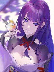 Rule 34 | 1girl, absurdres, animal, bird, bird on hand, blunt bangs, blurry, blurry background, breasts, bridal gauntlets, cleavage, dress, genshin impact, highres, japanese clothes, kimono, large breasts, long hair, looking at viewer, mole, mole under eye, obi, off shoulder, parted lips, purple eyes, purple hair, raiden shogun, sash, serpent (pepepp39), smile, solo, upper body