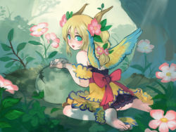 Rule 34 | 1girl, bad id, bad pixiv id, barefoot, blonde hair, blue eyes, blush, egg, female focus, flower, full body, mayday, mini person, minigirl, nature, original, outdoors, plant, solo, wings