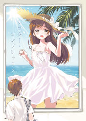 Rule 34 | 1boy, 1girl, :d, amezawa koma, bag, bare shoulders, beach, blue sky, blush, bow, brown eyes, brown hair, collarbone, commentary request, cowboy shot, day, drawing (object), dress, facing away, from behind, hand on headwear, hat, hat bow, highres, idolmaster, idolmaster cinderella girls, long hair, looking at viewer, nitta minami, ocean, open mouth, outdoors, palm tree, ribbon, sand, school bag, school uniform, shirt, shore, short sleeves, sky, sleeveless, sleeveless dress, smile, straw hat, sun, sun hat, sundress, sunlight, tree, water, white bow, white dress, white ribbon, white shirt