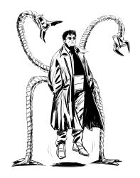 Rule 34 | 1boy, absurdres, coat, doctor octopus, full body, greyscale, hair behind ear, hands in pockets, highres, ma2 ereki, male focus, marvel, mechanical tentacles, monochrome, otto octavius, pants, shadow, short hair, simple background, sketch, solo, spider-man (series), spider-man 2, sunglasses, trench coat, white background