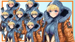 Rule 34 | 1girl, afueeriru, animification, apex legends, blonde hair, blue eyes, blush, bodysuit, breasts, drooling, expressions, heart, heart-shaped pupils, highres, hood, hood up, hooded bodysuit, jacket, large breasts, mouth drool, multiple views, open clothes, open jacket, orange jacket, outside border, scar, shaded face, smile, standing, symbol-shaped pupils, tachi-e, tagme, wattson (apex legends)