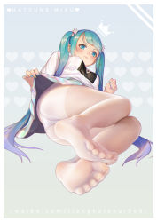 Rule 34 | 1girl, aqua eyes, aqua hair, ass, bigxixi, blush, character name, clothes lift, earrings, feet, foot focus, foreshortening, from below, full body, hair ornament, hatsune miku, highres, jewelry, lifting own clothes, long hair, looking at viewer, lying, nail polish, on side, panties, panties under pantyhose, pantyhose, skirt, skirt lift, soles, solo, star (symbol), toes, twintails, underwear, very long hair, vocaloid, watermark, web address, white panties, white pantyhose