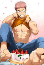 Rule 34 | 1boy, abs, bara, bare pectorals, barefoot, black hair, blue pants, cake, clothes lift, feet, food, food on body, food on face, foreshortening, fruit, full body, grin, happy birthday, highres, itadori yuuji, jujutsu kaisen, kuroshinki, lifting own clothes, looking at viewer, male focus, muscular, muscular male, nantaimori, navel, nipples, open fly, orange shirt, pants, pectorals, pink hair, sexually suggestive, shirt, shirt lift, short hair, sideburns, sitting, sleeveless, sleeveless shirt, smile, soles, solo, spiked hair, spread legs, stomach, strawberry, strawberry cake, undercut, veins