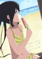 Rule 34 | 1girl, 2011, beach, black hair, brown eyes, dated, day, errant, food, fruit, k-on!, licking, long hair, nakano azusa, outdoors, popsicle, solo, swimsuit, twintails, water, watermelon