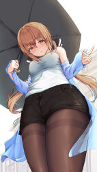 Rule 34 | 1girl, absurdres, alternate costume, black bow, black shorts, blue shirt, bow, breasts, brown eyes, brown hair, brown pantyhose, from below, hair between eyes, hair bow, hair ornament, hairclip, highres, holding, holding umbrella, kantai collection, long hair, looking at viewer, looking down, low twintails, medium breasts, open clothes, open shirt, pantyhose, shirt, short shorts, shorts, solo, standing, sudachineko, tank top, tashkent (kancolle), thighband pantyhose, twintails, umbrella, very long hair, white tank top