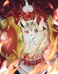 Rule 34 | armor, cape, covering face, digimon, digimon (creature), dukemon, extra eyes, fire, glowing, highres, holding, holding cape, holding clothes, knight, long hair, red cape, shoulder armor, solo, white armor, white hair, yellow eyes, zigokuno
