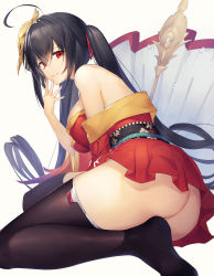 Rule 34 | 1girl, ahoge, ass, azur lane, bare shoulders, black hair, black thighhighs, breasts, closed mouth, commentary request, crossed bangs, dabuki, hair between eyes, hair tie, hakama, hakama short skirt, hakama skirt, highres, japanese clothes, kimono, long hair, looking at viewer, mask, off shoulder, pleated skirt, red eyes, red kimono, sideboob, skirt, smile, taihou (azur lane), thighhighs, thighs, twintails, very long hair