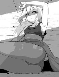 Rule 34 | 1girl, arm up, armpits, ass, bed sheet, blanket, breasts, commentary, erica hartmann, gertrud barkhorn, greyscale, looking at viewer, looking back, lying, monochrome, on bed, on side, panties, pillow, rebirth42000, short hair, silhouette, sleepy, small breasts, solo, sports bra, strike witches, underwear, underwear only, world witches series