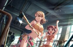 1boy 2girls axe bikini breasts brown_eyes brown_hair cable cleavage double_bun earrings game_cg hair_bun hairband holding idolmaster idolmaster_cinderella_girls idolmaster_cinderella_girls_starlight_stage industrial_pipe jewelry ladder multiple_girls munakata_atsumi nail_polish navel necktie official_art open_mouth pink_eyes ring swimsuit window yanagi_kiyora