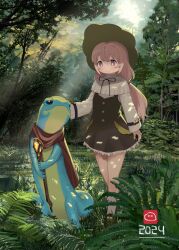 Rule 34 | 1girl, 2024, black dress, blush, bright pupils, capelet, dappled sunlight, dress, fantasy, fern, grass, hand on another&#039;s head, hat, highres, holding, holding staff, large hat, long sleeves, low twintails, mage staff, nature, niizuka (c-drop), original, outdoors, pointy hat, purple eyes, purple hair, salamander, scarf, smile, staff, standing, sunlight, tree, twintails, wetland, white capelet, white pupils