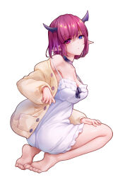 Rule 34 | 1girl, ass, bare shoulders, barefoot, black ribbon, blue eyes, breasts, chocofox, choker, cleavage, collarbone, demon horns, dress, eyelashes, feet, from behind, full body, hand on own thigh, highres, hololive, hololive english, horns, irys (casualrys) (hololive), irys (hololive), jacket, legs, looking at viewer, looking back, medium breasts, medium hair, official alternate costume, open clothes, open jacket, pointy ears, purple eyes, purple hair, purple horns, ribbon, seiza, shadow, short dress, simple background, sitting, sleeveless, soles, solo, strap slip, symbol-shaped pupils, toes, virtual youtuber, white background, white dress