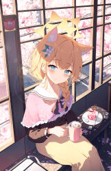 Rule 34 | 1girl, absurdres, alternate costume, alternate hairstyle, animal ears, architecture, bench, black ribbon, black shirt, blue archive, blue eyes, blush, cherry blossoms, closed mouth, creamer (vessel), cup, dessert, east asian architecture, falling petals, flower, food, fox ears, fox girl, from above, hair flower, hair ornament, halo, head tilt, highres, holding, holding cup, keis (locrian1357), looking at viewer, mari (blue archive), mug, neck ribbon, orange hair, parfait, petals, pink shawl, ribbon, sailor collar, shawl, shirt, shouji, sitting, skirt, sliding doors, smile, solo, white sailor collar, yellow skirt