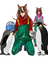 Rule 34 | 2girls, absurdres, animal, animal ears, bird, brown hair, bucket, closed mouth, fish, gloves, highres, holding, holding animal, holding fish, horse ears, horse girl, horse tail, itou (golem inc), jumpsuit, kneeling, long hair, multicolored hair, multiple girls, overalls, penguin, purple eyes, shaded face, simple background, sirius symboli (umamusume), smile, solo focus, streaked hair, symboli rudolf (umamusume), tail, umamusume, white background, white gloves