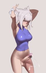 Rule 34 | 10s, 1girl, :&lt;, adjusting hair, animal ears, armpits, warrior of light (ff14), bottomless, cat ears, censored, contrapposto, cum, ejaculation, erection, final fantasy, final fantasy xiv, futanari, halterneck, handsfree ejaculation, has bad revision, has censored revision, looking at viewer, miqo&#039;te, mosaic censoring, penis, pointless censoring, red eyes, solo, standing, testicles, tomoyuki kotani, white hair