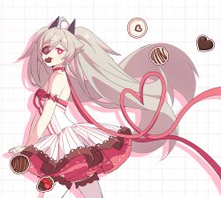 Rule 34 | 1girl, absurdres, ahoge, arm strap, bright pupils, candy, chocolate, chocolate heart, chyabsob, djmax, djmax respect, dress, eyepatch, fail (djmax), food, food in mouth, heart, highres, long hair, looking at viewer, off-shoulder dress, off shoulder, red eyes, solo, star (symbol), thighhighs, twintails, white background, white dress, white pupils, white thighhighs