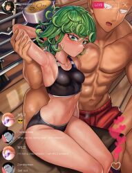 Rule 34 | 1boy, 1girl, absurdres, armpits, ass, bald, bare legs, breasts, curly hair, curvy, embarrassed, green eyes, green hair, gym, highres, huge ass, indoors, livestream, muscular, muscular male, one-punch man, rkrk12, saitama (one-punch man), sexually suggestive, shiny skin, short hair, sitting, small breasts, sports bikini, sports bra, sweat, tatsumaki, thong, wide hips