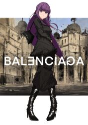 Rule 34 | 1girl, bag, balenciaga, black dress, black footwear, blunt bangs, boots, contemporary, dangle earrings, dress, earrings, fashion, fern (sousou no frieren), full body, handbag, hashtag-only commentary, high heel boots, high heels, highres, jewelry, letterboxed, parted lips, purple eyes, purple hair, solo, sousou no frieren, standing, striped clothes, striped dress, t.k.c, vertical-striped clothes, vertical-striped dress