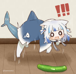 Rule 34 | !, !!, :3, animal ears, blue hair, blunt bangs, cat ears, chibi, commentary, cucumber, fins, fish tail, gawr gura, highres, hololive, hololive english, indoors, multicolored hair, o o, open mouth, same anko, scared, shark tail, sharp teeth, streaked hair, surprised, symbol-only commentary, tail, teeth, twitter username, two side up, virtual youtuber, white hair, wooden floor