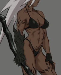 Rule 34 | 1girl, abs, bad id, bad twitter id, bare shoulders, bikini, breasts, cleavage, collarbone, commentary request, dark-skinned female, dark elf, dark skin, drill (emilio), earrings, elf, fingerless gloves, gauntlets, gloves, grey background, hair over one eye, holding, jewelry, long hair, medium breasts, midriff, navel, neytharone (drill (emilio)), original, pointy ears, ponytail, simple background, sleeveless, solo, standing, swimsuit, tattoo, white hair