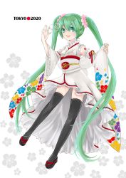Rule 34 | 1girl, 2020, 2020 summer olympics, 71pen, bell, detached sleeves, flower, green eyes, green hair, hair flower, hair ornament, hatsune miku, highres, jingle bell, long hair, matching hair/eyes, obi, olympics, open mouth, sandals, sash, solo, thighhighs, twintails, very long hair, vocaloid