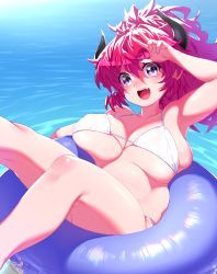 Rule 34 | 1girl, afloat, arm up, bikini, breasts, commentary request, fang, highres, horns, innertube, large breasts, legs up, long hair, looking at viewer, lying, ocean, on back, onsoku inu, open mouth, original, outdoors, purple eyes, red hair, solo, swim ring, swimsuit, tareme, w, water, white bikini