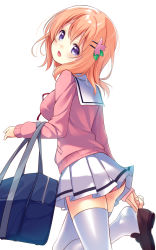 Rule 34 | 1girl, adjusting clothes, adjusting shoe, ass, bag, black footwear, blue eyes, brown hair, cardigan, chestnut mouth, from behind, gochuumon wa usagi desu ka?, hair ornament, hairclip, head tilt, hoto cocoa, hoto cocoa&#039;s school uniform, leg up, loafers, looking back, open mouth, panties, panty peek, pink cardigan, pink panties, school bag, school uniform, shiny clothes, shiny legwear, shoes, short hair, skirt, smile, solo, standing, standing on one leg, thighhighs, underwear, usume shirou, white skirt, white thighhighs, wind, wind lift