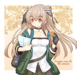Rule 34 | 1girl, alternate costume, autumn leaves, backpack, bag, black choker, black gloves, border, breasts, character name, choker, commentary request, cookie, eating, food, gloves, green jacket, highres, jacket, johnston (kancolle), kantai collection, light brown hair, long hair, map (object), medium breasts, momiji manjuu, paper, red eyes, shirt, shonasan, single glove, solo, strapless, tube top, two side up, white border, white shirt