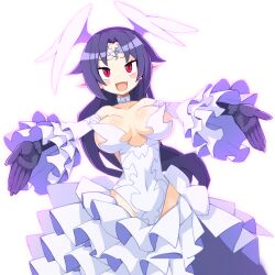 Rule 34 | 1girl, black gloves, black hair, breasts, choker, circlet, detached sleeves, disgaea, fang, gloves, head wings, large breasts, leotard, long hair, looking at viewer, makai senki disgaea 6, melodia (disgaea), non-web source, official art, open mouth, outstretched arms, photoshop (medium), pointy ears, red eyes, slit pupils, solo, spread arms, strapless, strapless leotard, transparent background, white leotard, wings