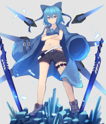 Rule 34 | 1girl, alternate costume, ankle boots, belt, black shorts, blue bow, blue coat, blue eyes, blue footwear, blue hair, blue sports bra, boots, bow, cirno, coat, commentary request, crossed arms, detached wings, flat chest, full body, gem, gunbuster pose, hair bow, highres, ice crystal, jacket, jacket on shoulders, kogane ringo, long coat, loose belt, mechanical wings, midriff, multiple belts, multiple swords, navel, planted, planted sword, planted weapon, short hair, shorts, solo, sports bra, sword, touhou, weapon, wings
