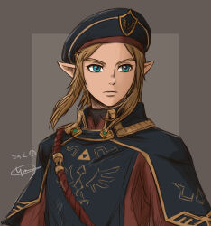 Rule 34 | 1boy, black cape, black hat, blonde hair, blue hat, brown background, cape, closed mouth, expressionless, green eyes, hat, highres, link, lu kilim, male focus, medium hair, nintendo, pointy ears, red shirt, rope, royal guard set (zelda), shirt, signature, solo, the legend of zelda, the legend of zelda: breath of the wild, triforce print, two-tone background, upper body