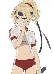 Rule 34 | 1girl, absurdres, blonde hair, blush, braid, breasts, buruma, fate/apocrypha, fate (series), french braid, green eyes, gym shirt, gym uniform, hair ornament, hair scrunchie, highres, long hair, looking at viewer, mordred (fate), mordred (fate/apocrypha), name tag, navel, nero claudius (fate), nero claudius (fate) (all), nero claudius (olympian bloomers) (fate), official alternate costume, parted bangs, ponytail, red buruma, red scrunchie, scrunchie, shirt, sidelocks, simple background, small breasts, solo, thighs, tonee, white background