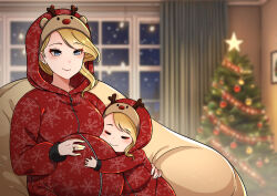 Rule 34 | 2girls, absurdres, animal costume, antlers, azur lane, blonde hair, blue eyes, breasts, canned sardines, christmas, christmas ornaments, christmas tree, closed eyes, closed mouth, commission, hair over shoulder, highres, hood, hood (azur lane), hooded jacket, horns, jacket, jewelry, large breasts, light brown hair, long sleeves, mother and daughter, multiple girls, pregnant, red jacket, reindeer antlers, reindeer costume, ring, wedding ring