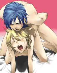 Rule 34 | 2boys, all fours, anal, bed, bent over, blonde hair, blue hair, blush, closed eyes, cum, cum on body, cum on lower body, kagamine len, kaito (vocaloid), male focus, male penetrated, multiple boys, nude, open mouth, sex, soukaikei non, tears, vocaloid, yaoi