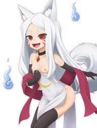 Rule 34 | 1girl, :d, animal ear fluff, animal ears, black gloves, breasts, clothes pull, crescent print, dress, dress pull, elbow gloves, facial mark, fox ears, fox girl, fox tail, gloves, highres, hitodama, jewelry, long hair, looking at viewer, naughty face, necklace, nipples, open mouth, red eyes, red shawl, sewayaki kitsune no senko-san, shawl, shiro (sewayaki kitsune no senko-san), short eyebrows, small breasts, smile, solo, strapless, strapless dress, tail, thick eyebrows, tsunousagi (user ujyx8587), white hair