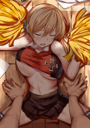 Rule 34 | 1boy, 1girl, anchor hair ornament, bad id, bad pixiv id, bed sheet, belko, black skirt, black thighhighs, blonde hair, blush, breasts, cheerleader, closed eyes, clothes writing, crop top, facing viewer, groin, hair between eyes, hair ornament, heavy breathing, hetero, highres, kantai collection, large breasts, long hair, low twintails, lying, midriff, muscular, navel, on back, on floor, open mouth, pleated skirt, pom pom (cheerleading), pov, prinz eugen (kancolle), sidelocks, skirt, solo focus, stomach, sweat, thighhighs, thighs, twintails