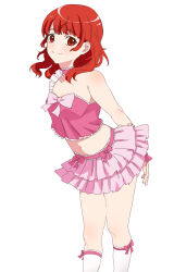 Rule 34 | 1girl, arms behind back, bare shoulders, choker, closed mouth, commentary request, cropped shirt, feet out of frame, frilled choker, frilled skirt, frills, harune aira, highres, layered skirt, leaning forward, looking at viewer, medium hair, midriff, miniskirt, pink choker, pink ribbon, pink shirt, pink skirt, pretty rhythm, pretty rhythm aurora dream, pretty series, red eyes, red hair, ribbon, shirt, simple background, skirt, smile, solo, standing, white background, yuikuma