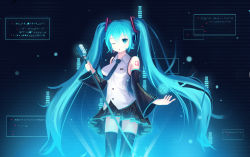 Rule 34 | 1girl, aqua eyes, aqua hair, detached sleeves, hatsune miku, headset, long hair, microphone, microphone stand, necktie, one eye closed, skirt, solo, thighhighs, twintails, very long hair, vocaloid, wink, zerii (cdcdqqq)