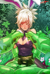 Rule 34 | 1girl, alternate costume, animal ears, battle bunny riven, breasts, cleavage, deathwingxiii, detached collar, fake animal ears, folded ponytail, large breasts, league of legends, leotard, pantyhose, playboy bunny, rabbit ears, riven (league of legends), short hair, transparent, white hair, wrist cuffs, zac (league of legends)