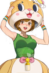 1girl :d absurdres animal_costume armpits blush breasts brown_eyes brown_hair chiitan green_shirt highres looking_at_viewer medium_breasts nail_polish name_connection neggoartz open_mouth persona persona_4 satonaka_chie shirt short_hair sleeveless sleeveless_shirt smile solo sweat