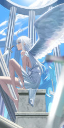 Rule 34 | 1girl, absurdres, ahoge, bare legs, bare shoulders, barefoot, between legs, blue eyes, blue sky, breasts, closed mouth, clothing cutout, day, dress, feathered wings, from side, hand between legs, highres, lens flare, long hair, medium breasts, michelan, original, outdoors, pillar, planted, planted sword, planted weapon, profile, short sleeves, shoulder cutout, sideboob, sidelocks, sitting, sky, solo, sword, weapon, white dress, white hair, white wings, wings