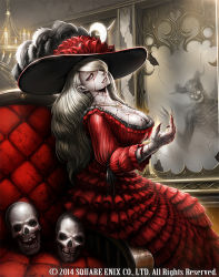 Rule 34 | 1girl, blood, breasts, candle, chair, cleavage, colored skin, dress, grey skin, horns, jewelry, large breasts, long hair, looking at viewer, looking to the side, mirror, misawa kei, necklace, original, red eyes, silver hair, sitting, skeleton, skull, vampire