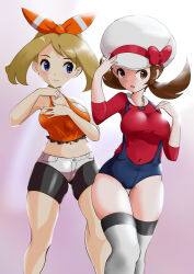 Rule 34 | 2girls, adjusting clothes, bandana, bare shoulders, black shorts, blue eyes, breasts, brown eyes, brown hair, closed mouth, cowboy shot, creatures (company), game freak, gradient background, hat, highres, large breasts, long sleeves, low twintails, lyra (pokemon), matching hair/eyes, may (pokemon), may (pokemon oras), microsd (pibo), midriff, multiple girls, navel, nintendo, open mouth, orange tank top, pink background, pokemon, pokemon hgss, pokemon oras, red shirt, shirt, shorts, shorts under shorts, sleeveless, smile, standing, suspenders, tank top, thighhighs, twintails, white headwear, white shorts, white thighhighs