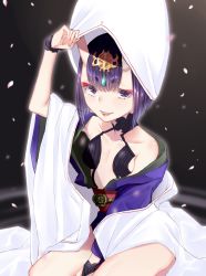 Rule 34 | 1girl, bare shoulders, bob cut, breasts, bridal gauntlets, collarbone, eyeliner, fate/grand order, fate (series), hand up, headpiece, highres, hood, horns, japanese clothes, kimono, layered clothes, layered kimono, long sleeves, looking at viewer, makeup, mjsk, obi, off shoulder, oni, open mouth, petals, purple eyes, purple hair, purple kimono, revealing clothes, sash, seiza, short hair, shuten douji (fate), sitting, skin-covered horns, small breasts, smile, solo, thighs, uchikake, white kimono, wide sleeves