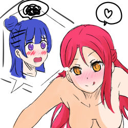 Rule 34 | 10s, 2girls, blue hair, breasts, drooling, free chess, hair bun, hair ornament, hanging breasts, heart, highres, large breasts, long hair, love live!, love live! sunshine!!, multiple girls, nude, open mouth, out-of-frame censoring, purple eyes, red hair, sakurauchi riko, simple background, single hair bun, smile, spoken heart, spoken squiggle, squiggle, tongue, tongue out, tsushima yoshiko, upper body, white background, yellow eyes, yuri