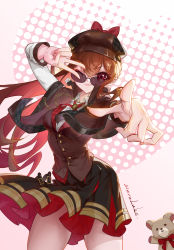 Rule 34 | 1girl, absurdres, artist name, black skirt, bow, brown capelet, brown hair, brown hat, brown jacket, capelet, chiharu (virtuareal), chinese commentary, hat, hat bow, highres, jacket, long hair, looking at viewer, neck ribbon, nijisanji, one eye closed, pink background, pointing, red bow, red eyes, red ribbon, ribbon, siviru luke, skirt, smile, solo, stuffed animal, stuffed toy, sunglasses, teddy bear, v, virtual youtuber, virtuareal