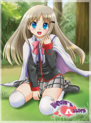 Rule 34 | 1girl, absurdres, bad id, bad pixiv id, blue eyes, bow, cape, fangs, fujishima shinnosuke, highres, little busters!, noumi kudryavka, open mouth, pink bow, school uniform, shoes, silver hair, smile, solo, thighhighs, white thighhighs