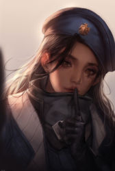 Rule 34 | 1girl, aged down, ana (overwatch), armor, beret, black gloves, blue coat, brown eyes, brown hair, brown lips, captain amari, coat, dark-skinned female, dark skin, eye of horus, eyebrows, eyeliner, eyeshadow, facial mark, facial tattoo, finger to mouth, gloves, hand up, hat, highres, jacket, lips, lipstick, long hair, makeup, mascara, military, military jacket, military uniform, mole, mole under eye, nose, official alternate costume, overwatch, overwatch 1, parted lips, photorealistic, portrait, power armor, power suit, realistic, shale, shushing, smile, solo, tattoo, turtleneck, uniform