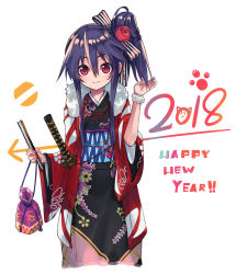 Rule 34 | 1girl, 2018, bow, cropped legs, floral print, flower, fur trim, furisode, hair bow, hair flower, hair ornament, hand fan, happy new year, highres, hoshino (illyasviel), japanese clothes, katana, kimono, long hair, looking at viewer, new year, obi, original, paw print, pouch, purple hair, red eyes, sash, scrunchie, sheath, sheathed, side ponytail, sidelocks, smile, solo, sword, text focus, weapon, white background, wide sleeves