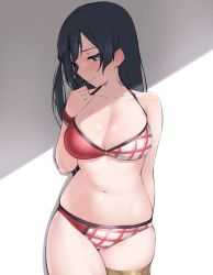 Rule 34 | 1girl, bare arms, bare legs, bare shoulders, bikini, black eyes, black hair, blush, breasts, cleavage, commentary request, highres, large breasts, long hair, looking at viewer, love live!, love live! nijigasaki high school idol club, nasuno (nasuno42), navel, shadow, simple background, skindentation, solo, steam, sweat, swimsuit, thighs, yuki setsuna (love live!)